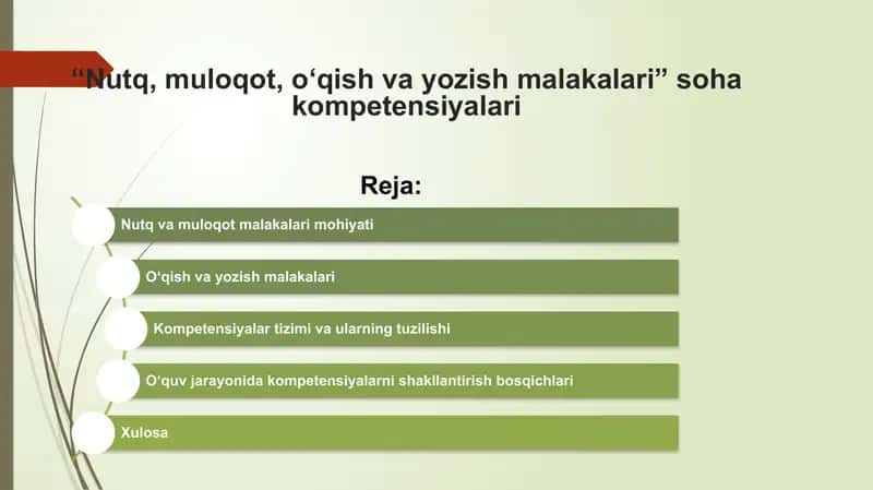 “Nutq, muloqot, o‘qish va yozish malakalari” soha kompetensiyalari taqdimot 1