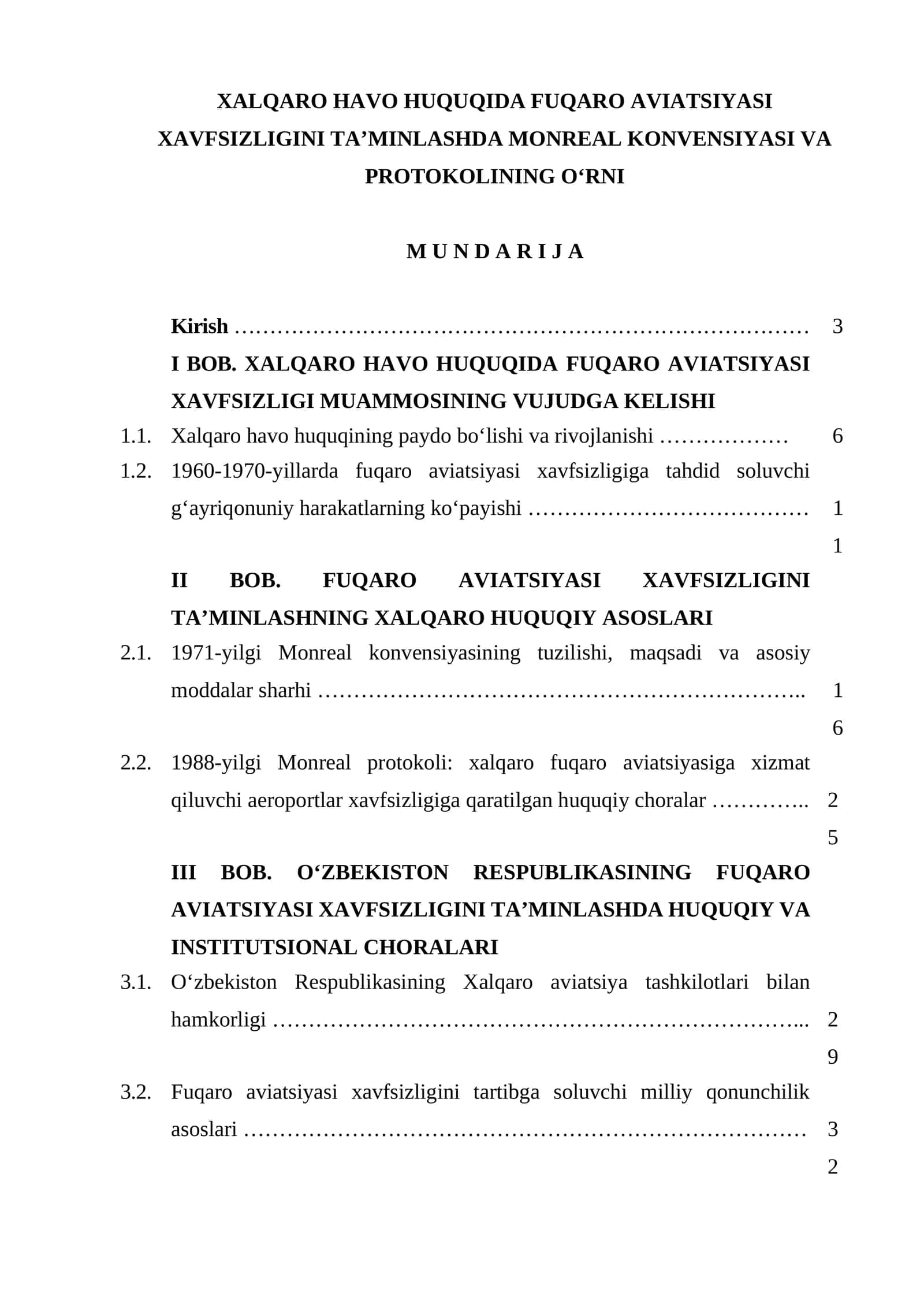 XALQARO HAVO HUQUQIDA FUQARO AVIATSIYASI XAVFSIZLIGINI TA’MINLASHDA MONREAL KONVENSIYASI VA PROTOKOLINING O‘RNI 1