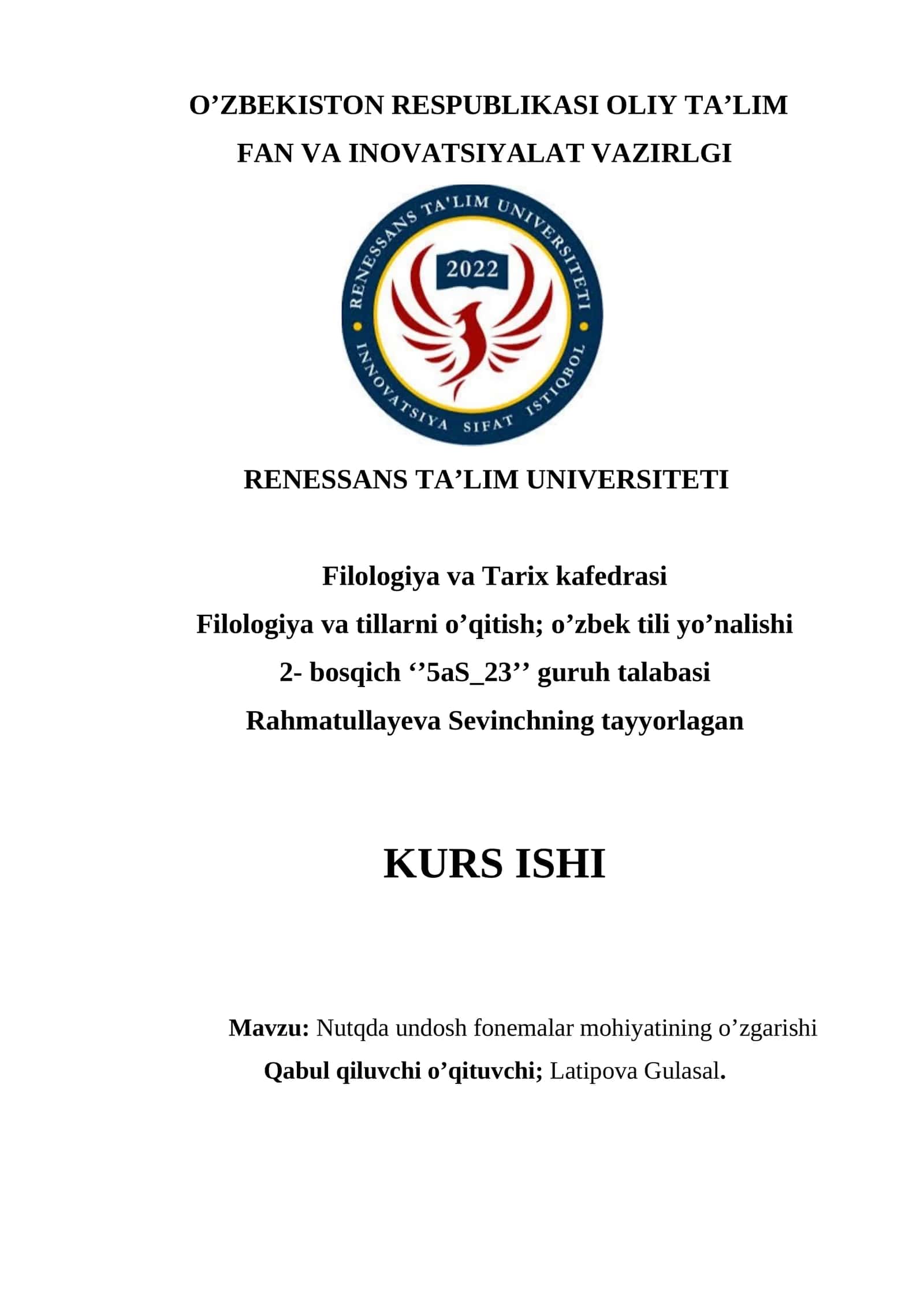 Nutqda undosh fonemalar mohiyatining o’zgarishi KURS ISHI 1