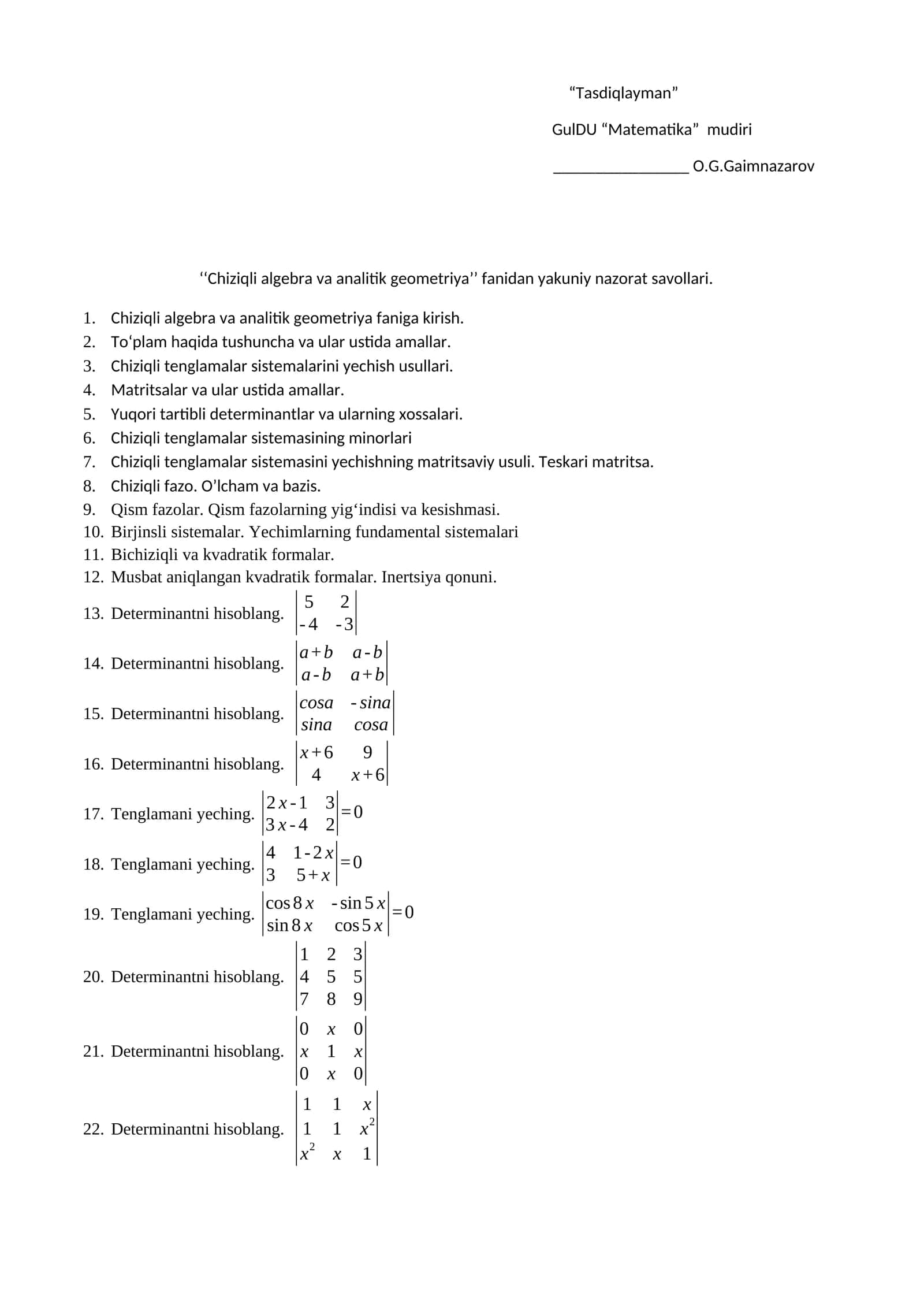 Chiziqli algebra va analitik geometriya yakuniy nazorat savollari 1