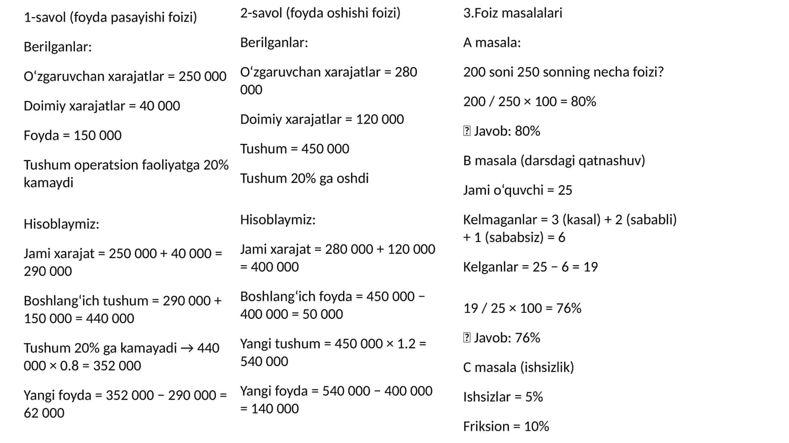 1-savol (foyda pasayishi foizi) 1