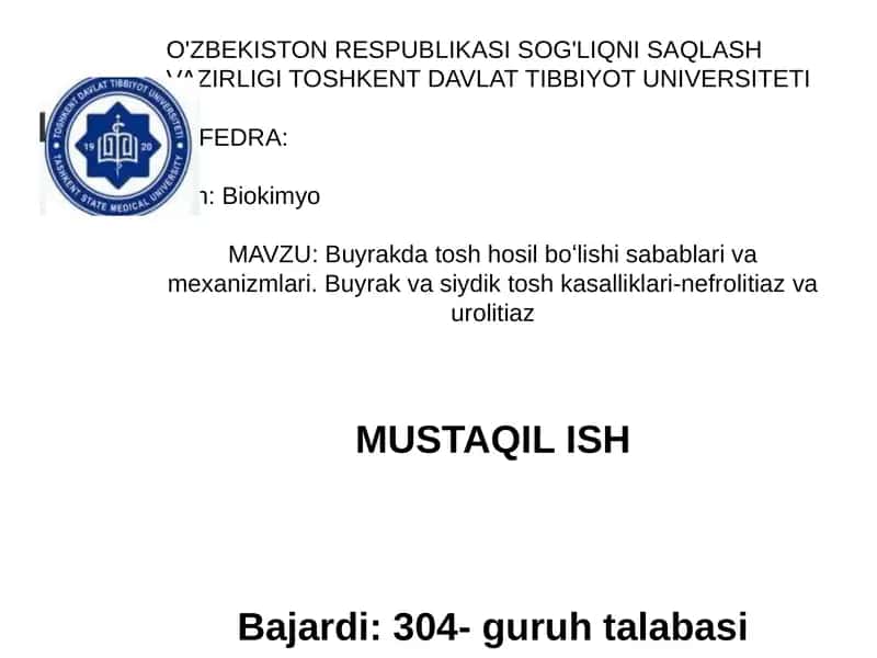 Buyrakda tosh hosil boʻlishi sabablari va mexanizmlari 1