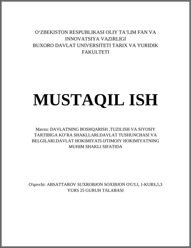 DAVLATNING BOSHQARISH, TUZILISH VA SIYOSIY TARTIBIGA KO’RA SHAKLLARI 1