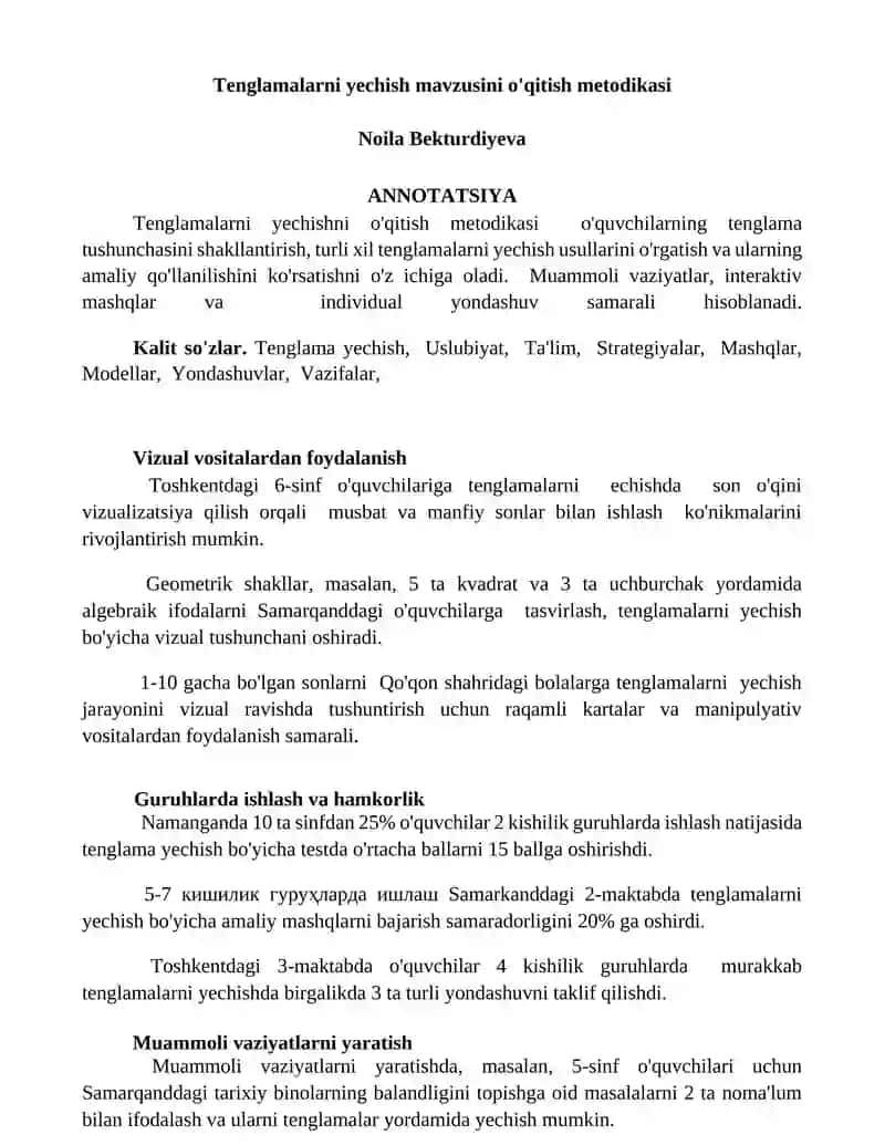 Tenglamalarni yechish mavzusini o'qitish metodikasi