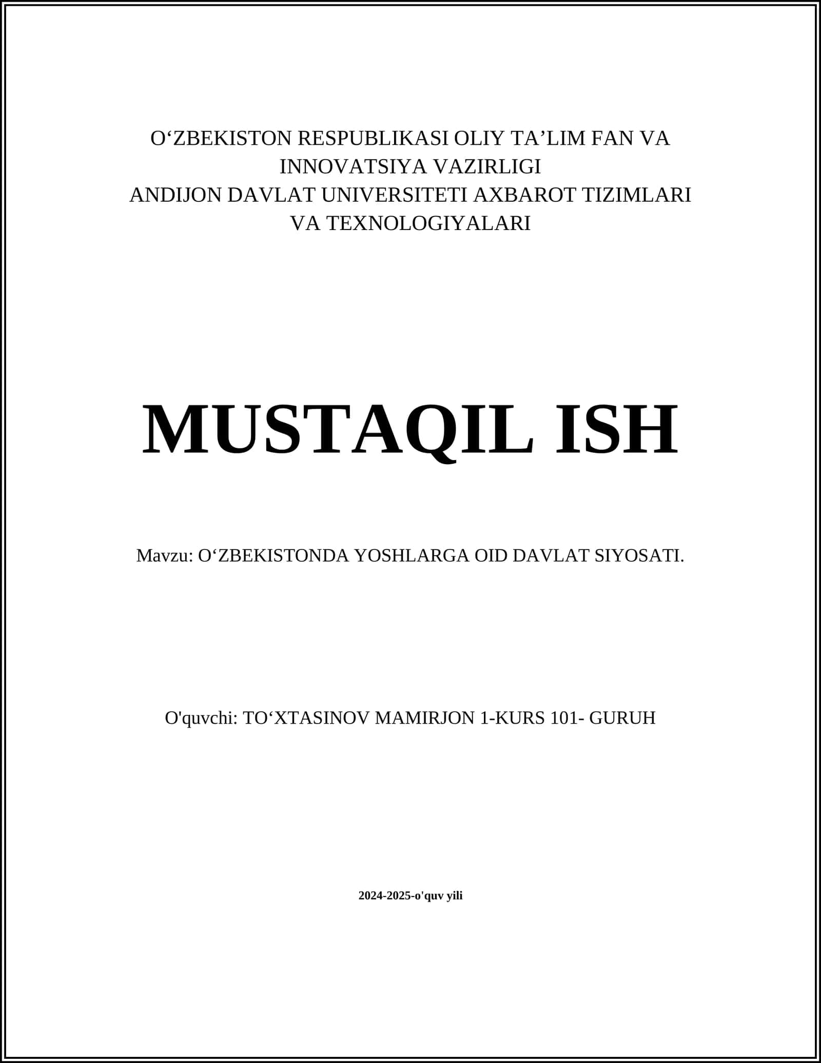 OʻZBEKISTONDA YOSHLARGA OID DAVLAT SIYOSATI 1