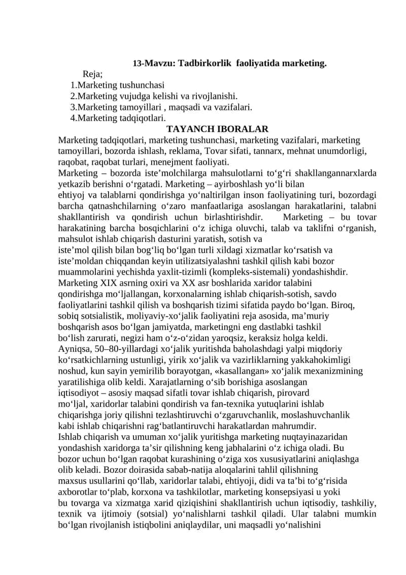 Tadbirkorlik faoliyatida marketing 1