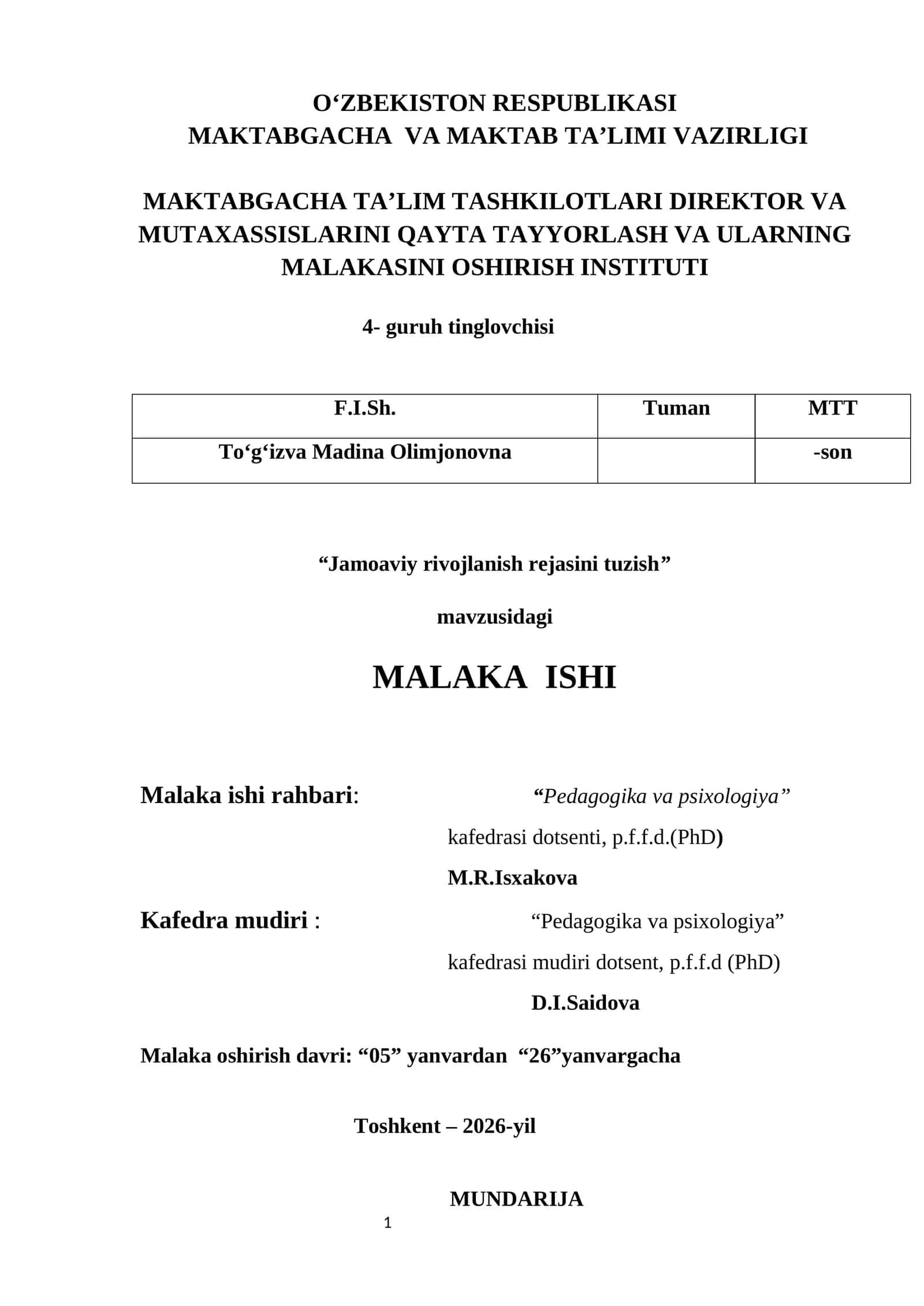 Malaka ishi - "Pedagogika va psixologiya" 1