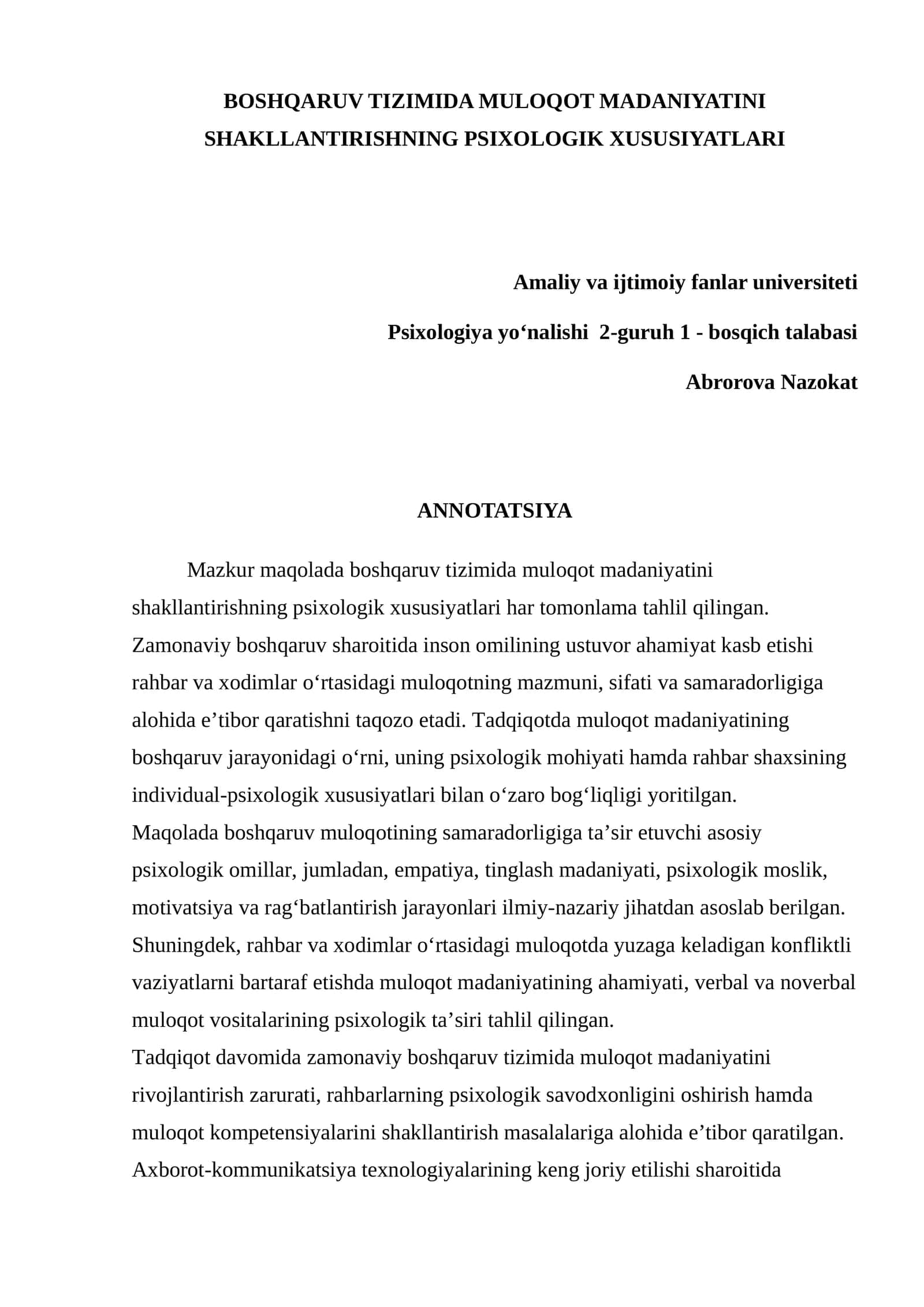 BOSHQARUV TIZIMIDA MULOQOT MADANIYATINI SHAKLLANTIRISHNING PSIXOLOGIK XUSUSIYATLARI 1