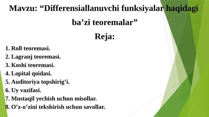 Differensiallanuvchi funksiyalar haqidagi  ba’zi teoremalar 1