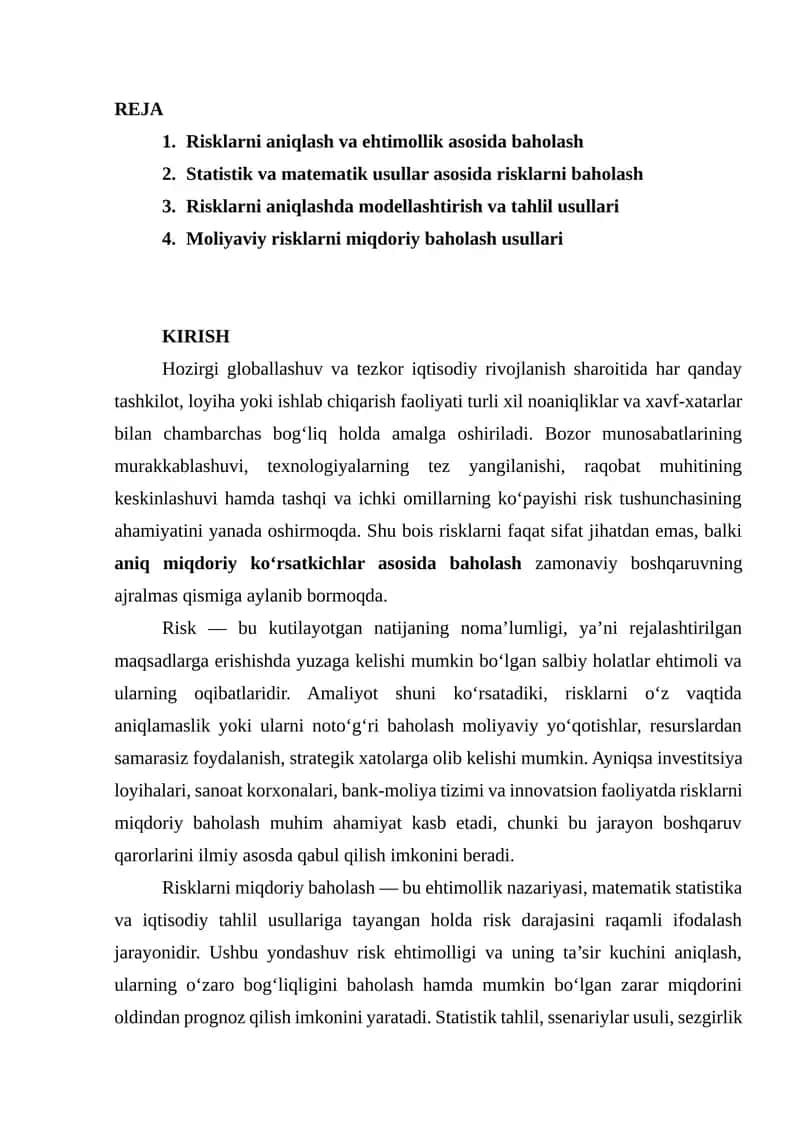 Risklarni miqdoriy baholash va ularni aniqlash usullari 1