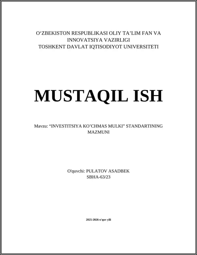 "INVESTITSIYA KO’CHMAS MULKI" standarti 1