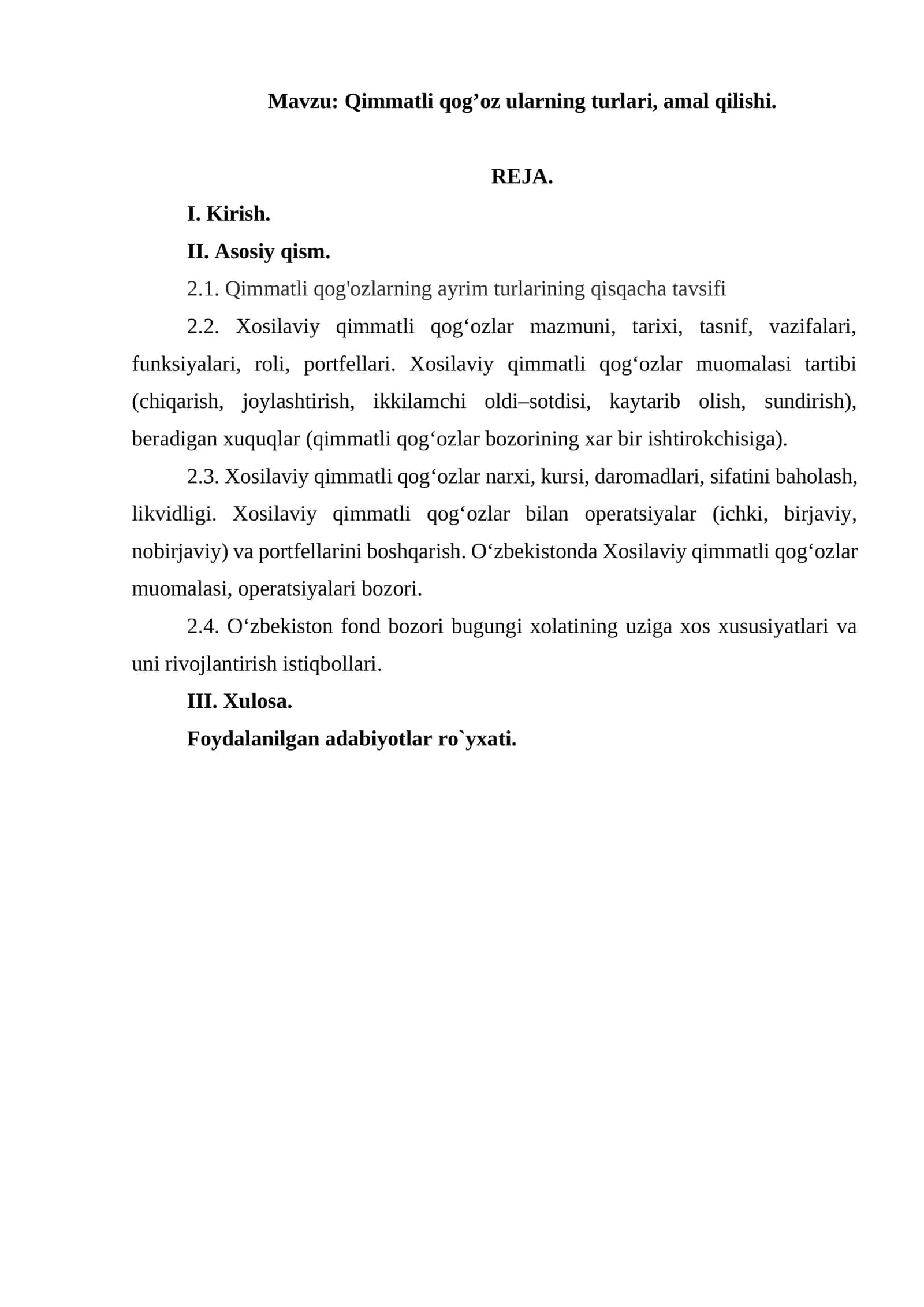 Qimmatli qog’oz ularning turlari, amal qilishi 1