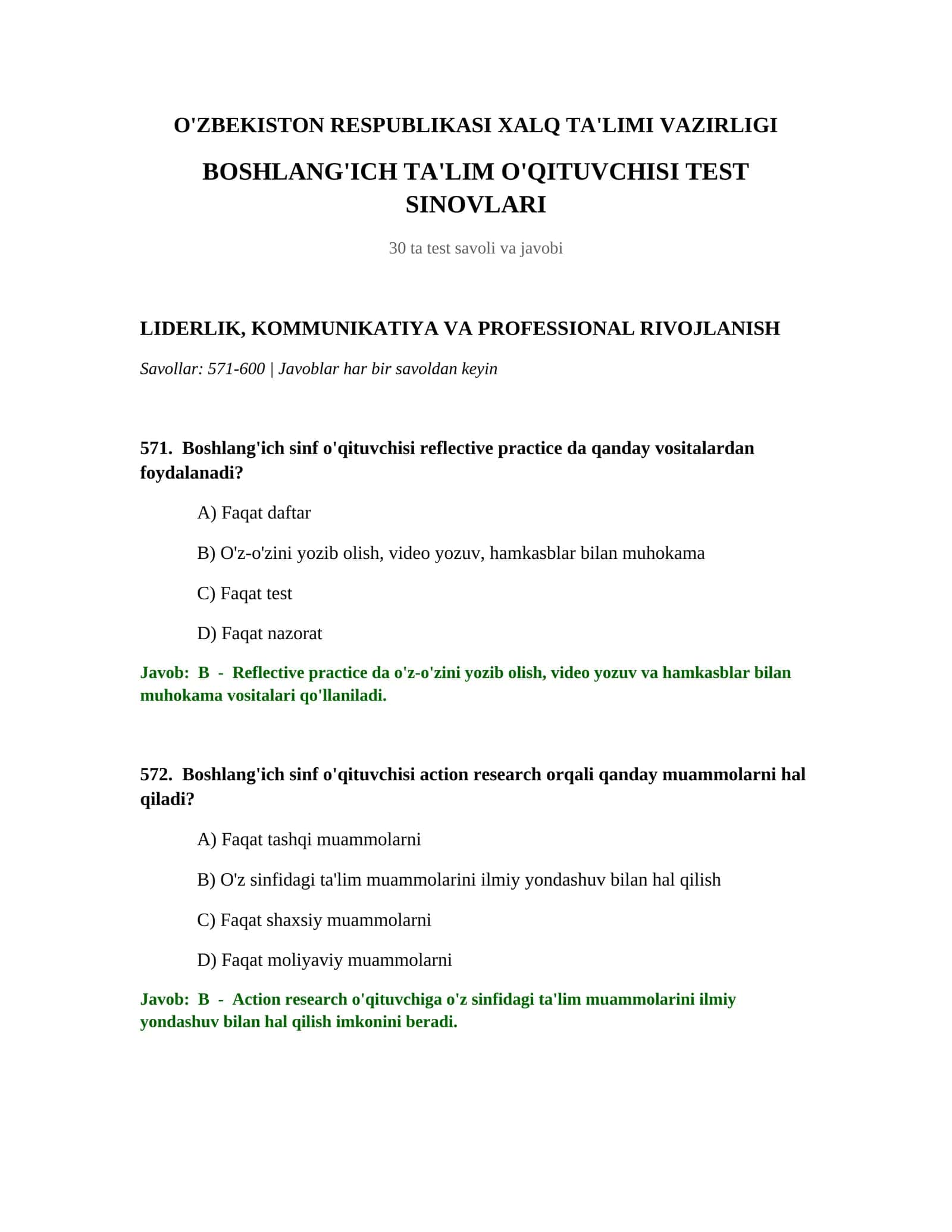 BOSHLANG'ICH TA'LIM O'QITUVCHISI TEST SINOVLARI 1