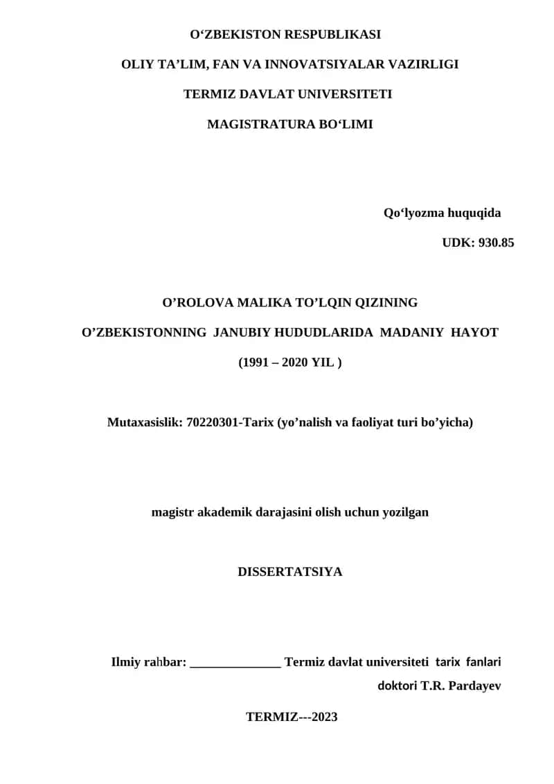 O’ZBEKISTONNING JANUBIY HUDUDLARIDA MADANIY HAYOT (1991 – 2020 YIL ) 1