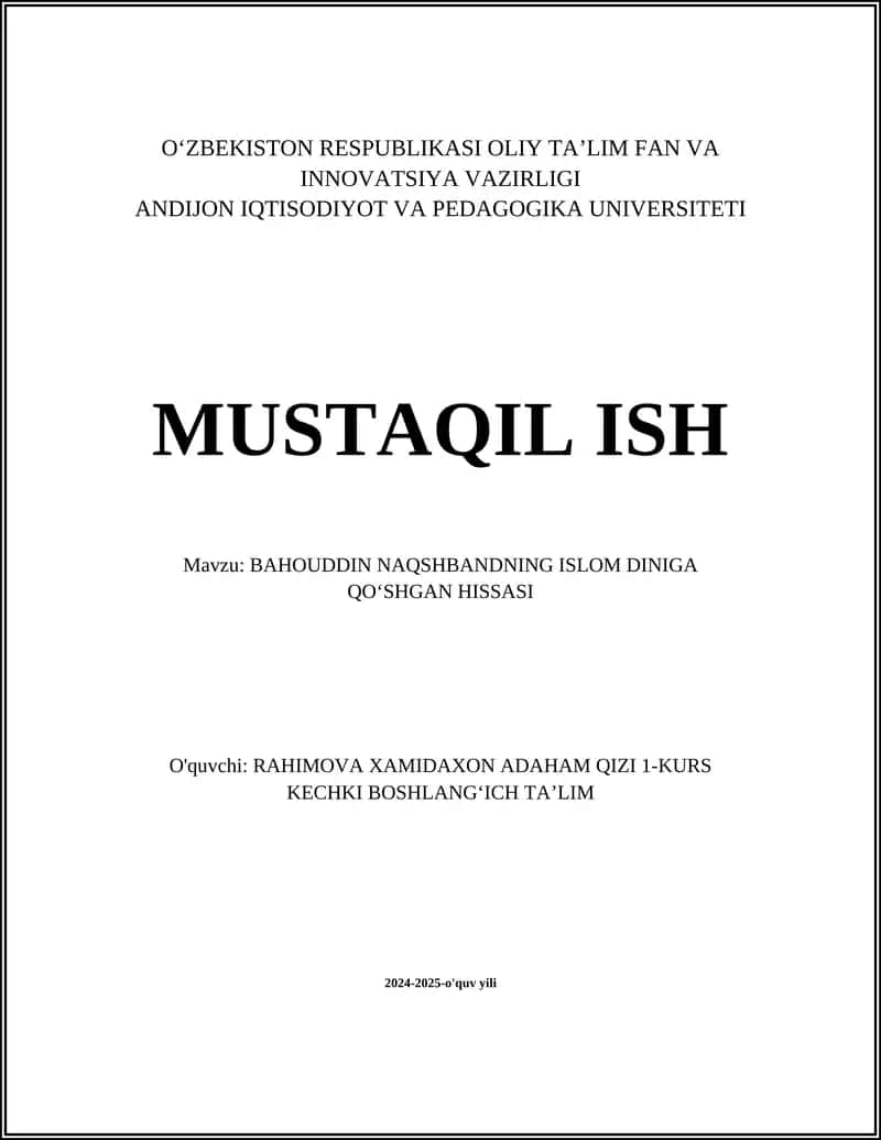 BAHOUDDIN NAQSHBANDNING ISLOM DINIGA QOʻSHGAN HISSASI