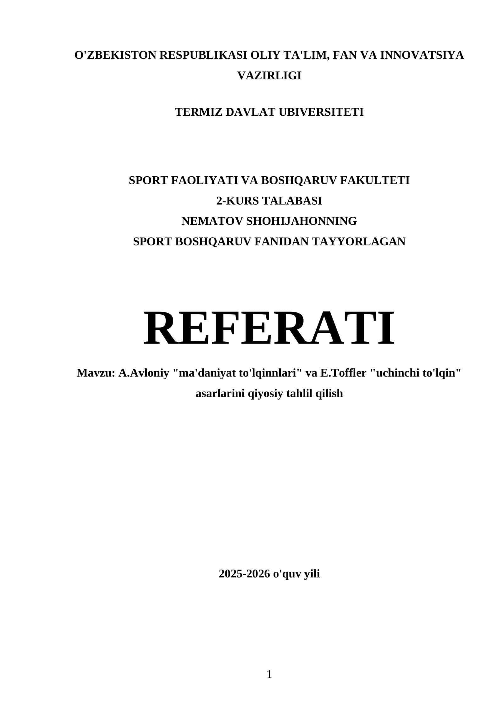 A.Avloniy "ma'daniyat to'lqinnlari" va E.Toffler "uchinchi to'lqin" asarlarini qiyosiy tahlil qilish 1