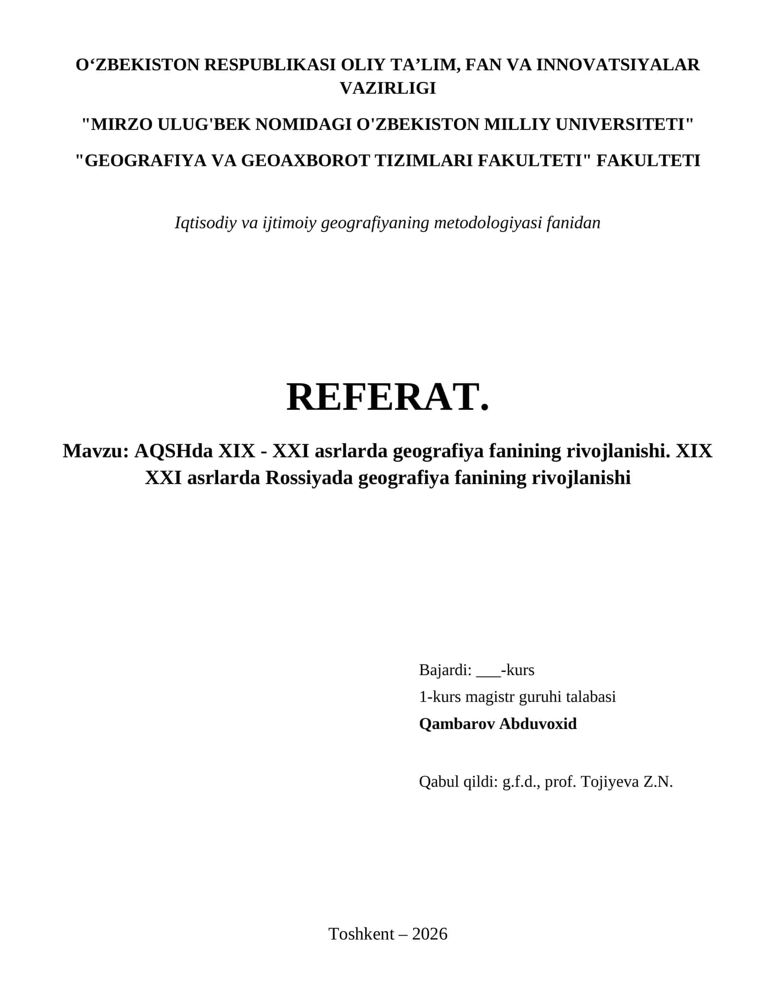 AQSHda XIX - XXI asrlarda geografiya fanining rivojlanishi. XIX 1
