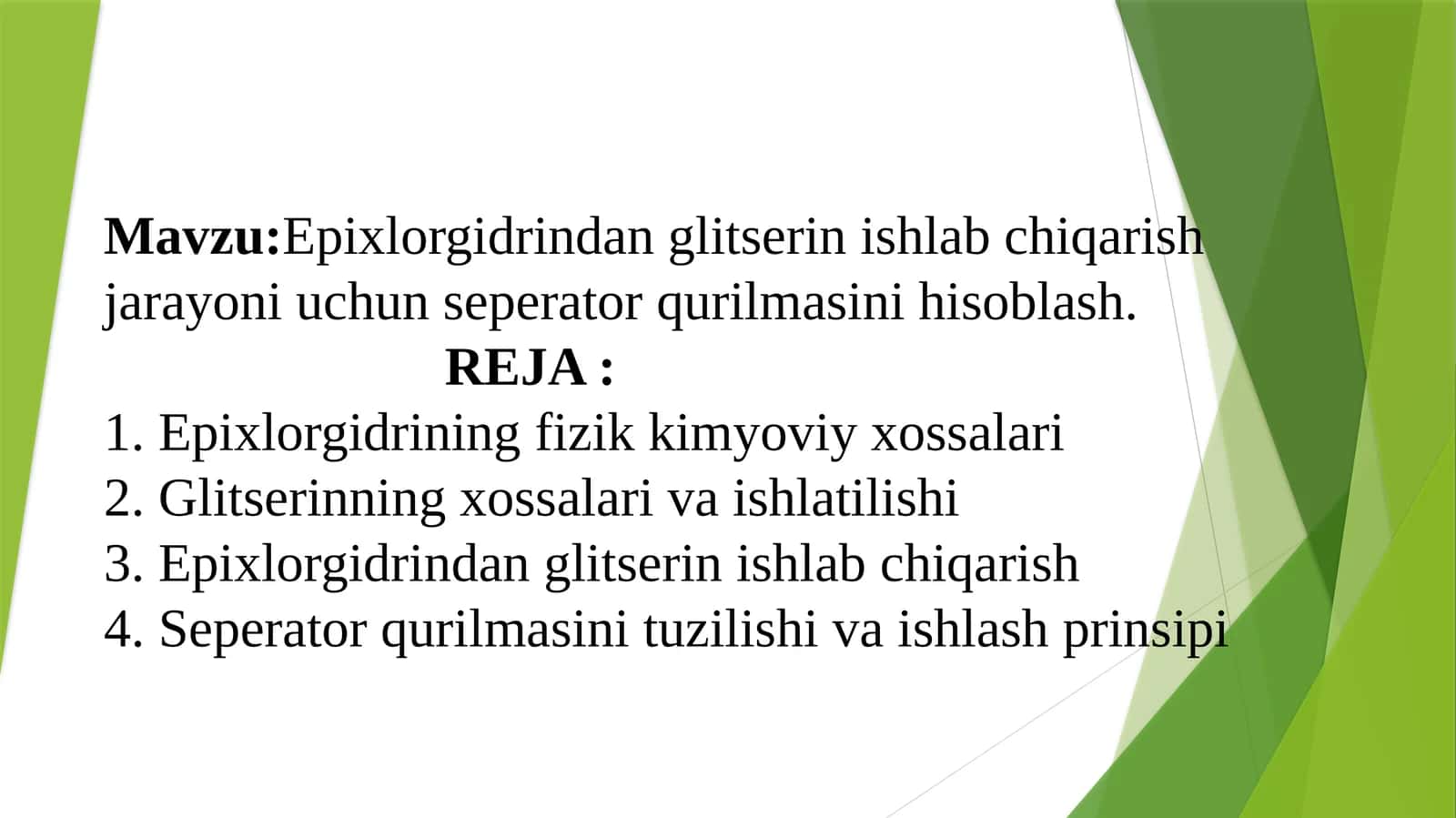 Epixlorgidrindan glitserin ishlab chiqarish jarayoni uchun seperator qurilmasini hisoblash 1