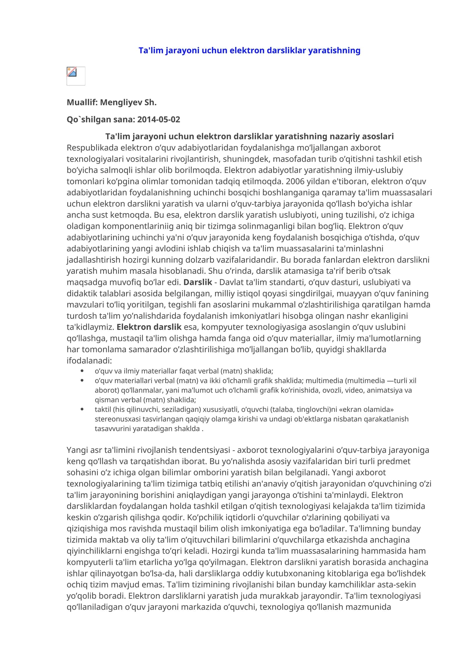 Ta'lim jarayoni uchun elеktron darsliklar yaratishning nazariy asoslari 1