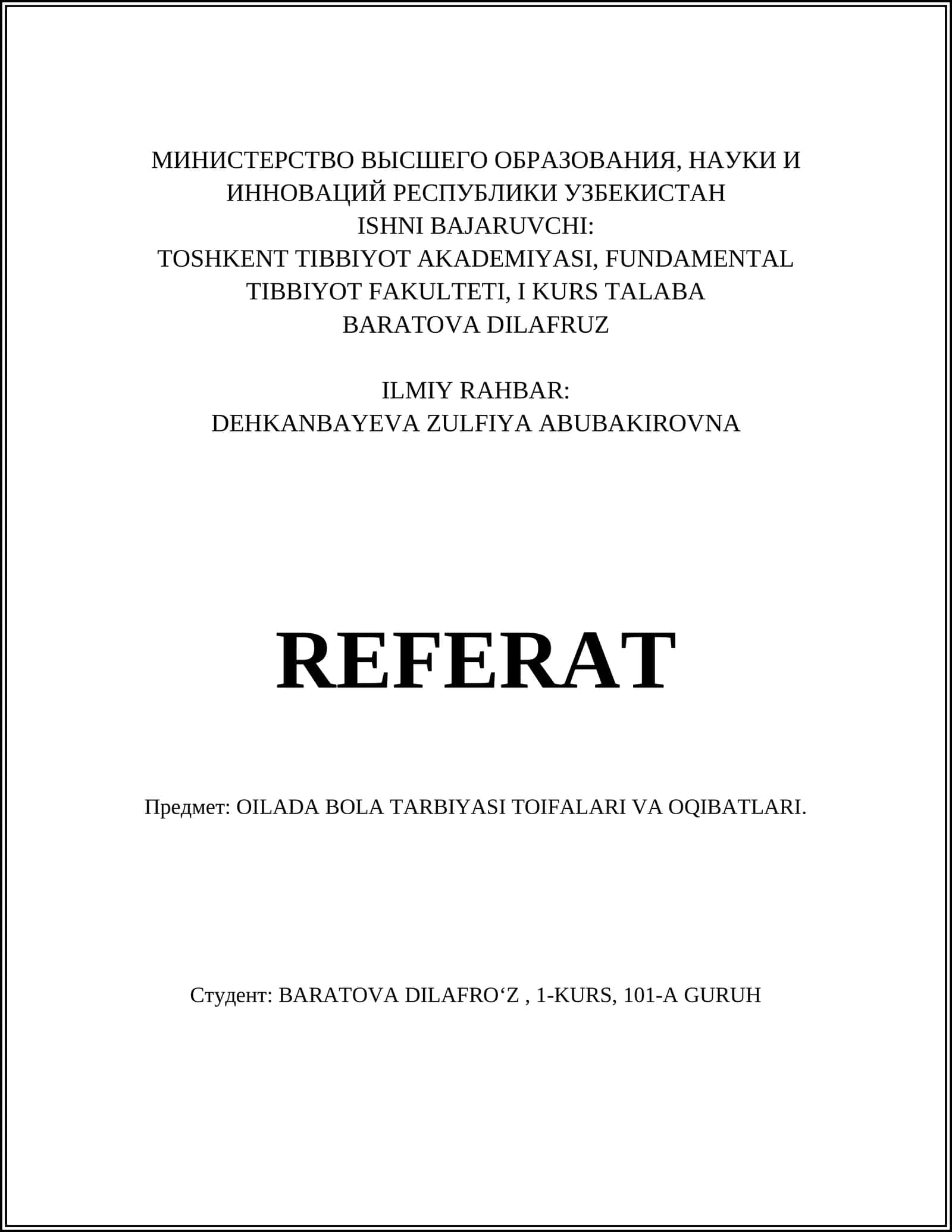 REFERAT OILADA BOLA TARBIYASI TOIFALARI VA OQIBATLARI 1