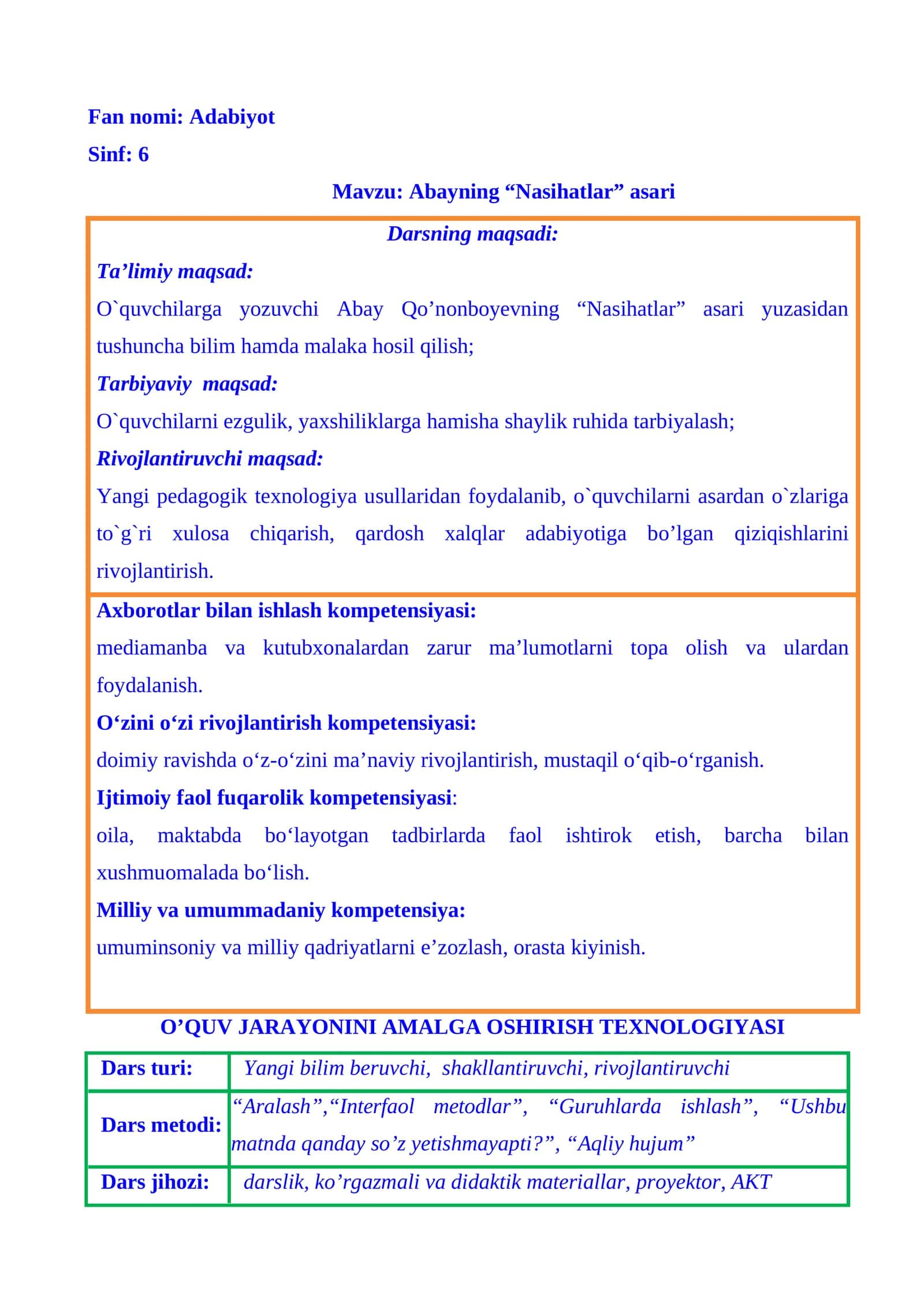 6-sinf Adabiyot fanidan Abay va uning Nasihatlar asari dars ishlanma 1