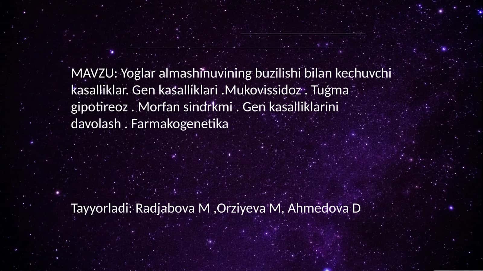 Yoģlar almashinuvining buzilishi bilan kechuvchi kasalliklar. Gen kasalliklari.Mukovissidoz. Tuģma gipotireoz. Morfan sindrkmi. Gen kasalliklarini davolash. Farmakogenetika 1