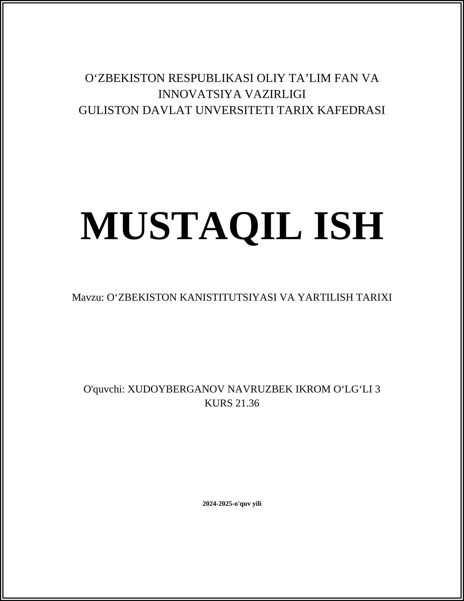 Oʻzbekiston Respublikasi Konstitutsiyasi va Yartilish Tarixi 1