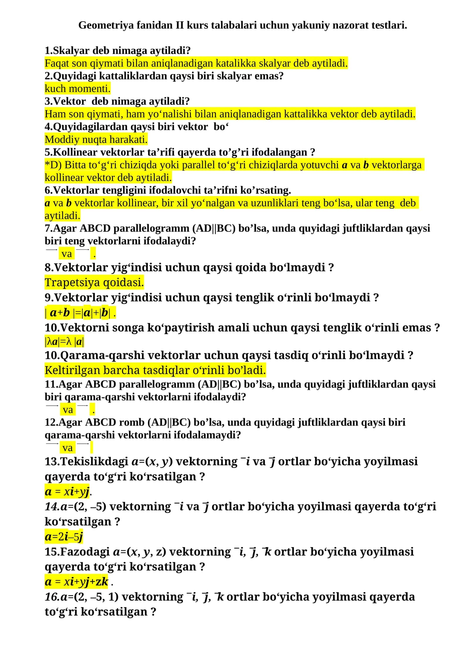 Geometriya fanidan II kurs talabalari uchun yakuniy nazorat testlari 1
