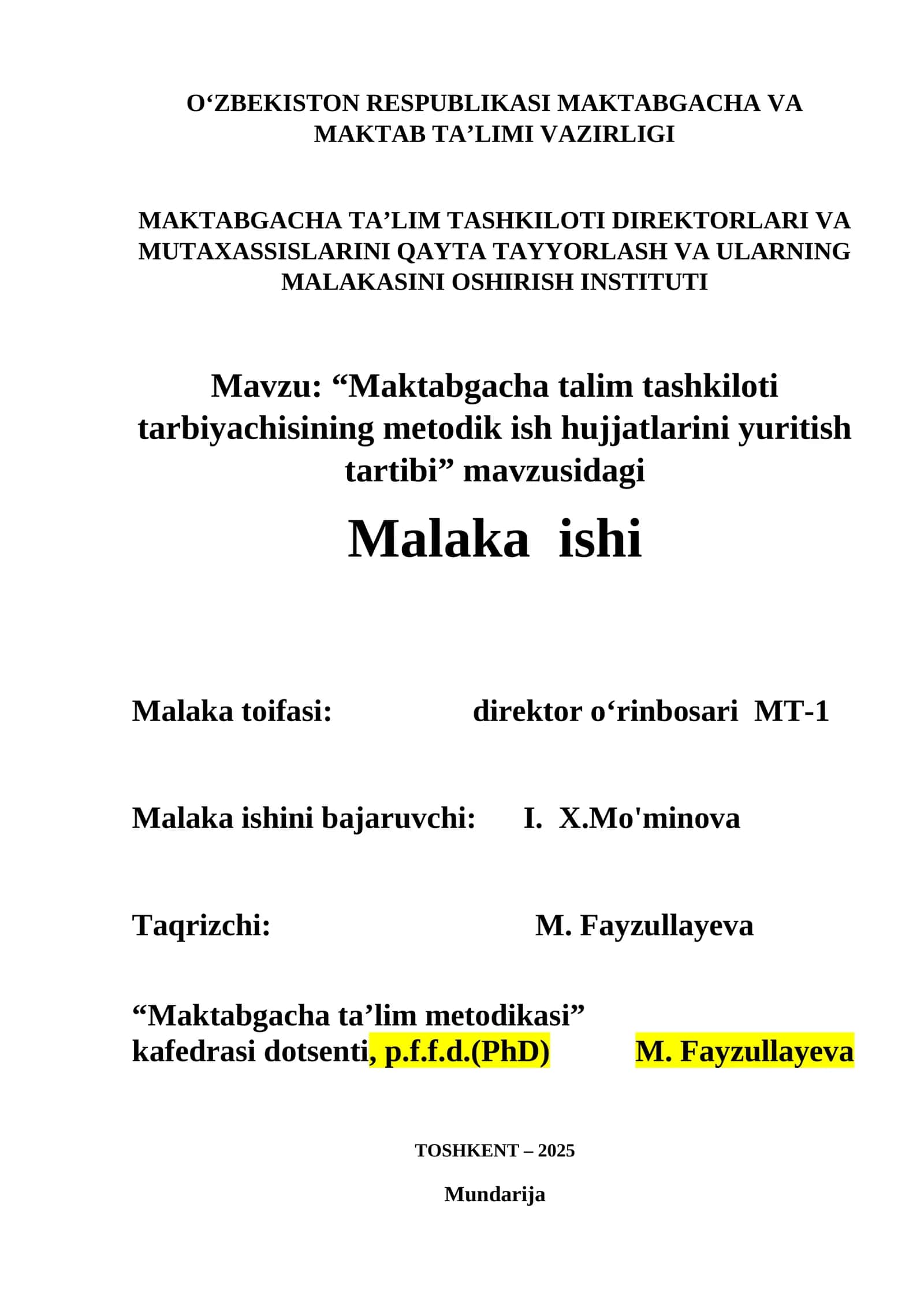 “Maktabgacha talim tashkiloti tarbiyachisining metodik ish hujjatlarini yuritish tartibi” mavzusidagi Malaka ishi 1