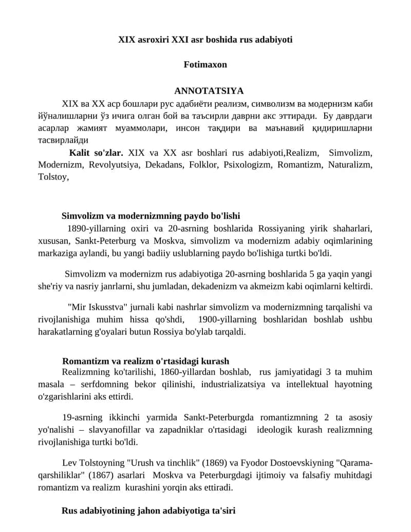 XIX asroxiri XXI asr boshida rus adabiyoti 1