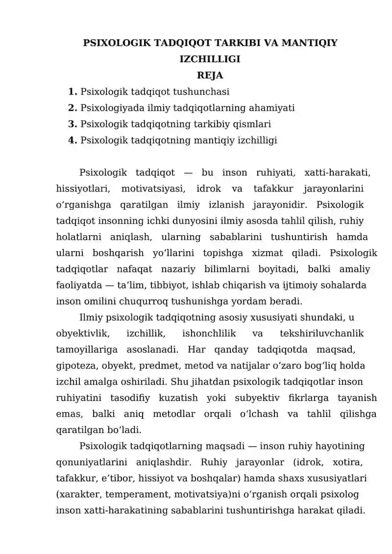 PSIXOLOGIK TADQIQOT TARKIBI VA MANTIQIY IZCHILLIGI