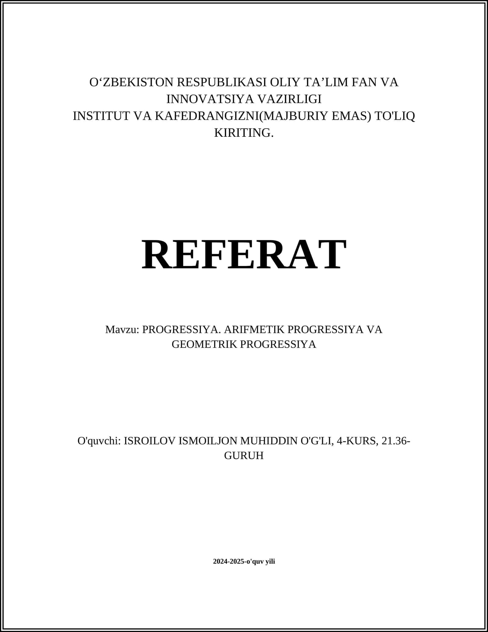 PROGRESSIYA. ARIFMETIK PROGRESSIYA VA GEOMETRIK PROGRESSIYA 1