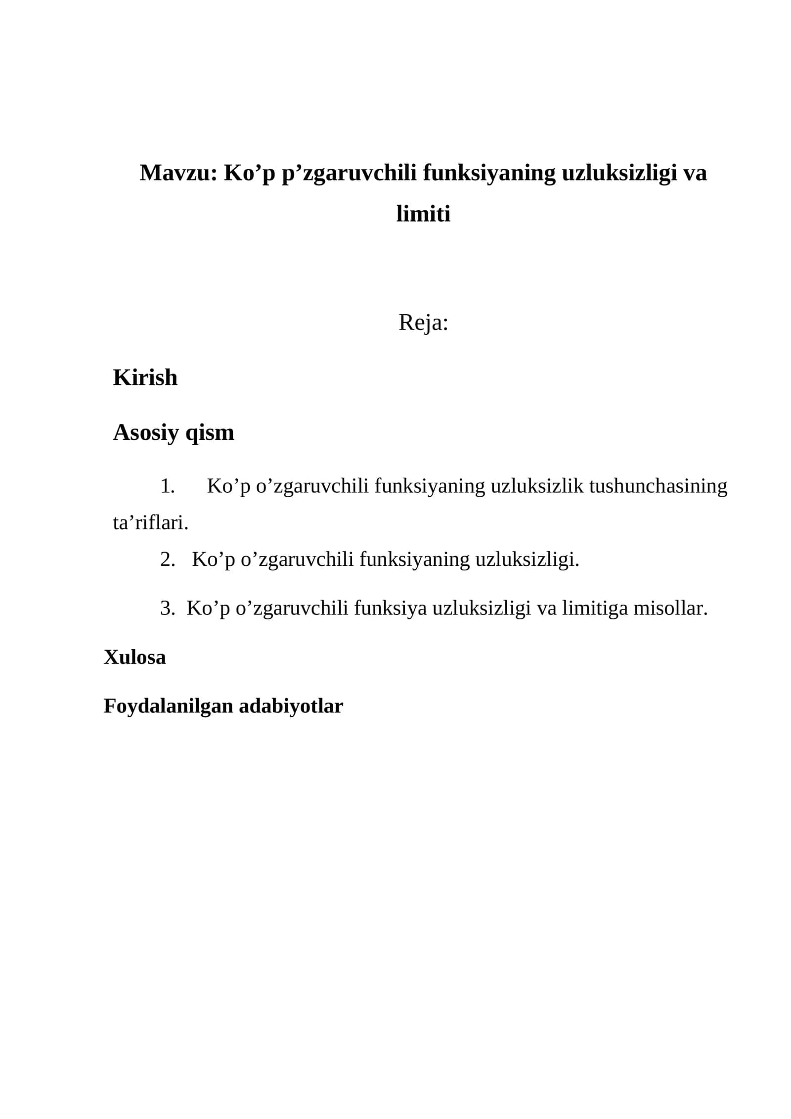 Ko’p p’zgaruvchili funksiyaning uzluksizligi va limiti 1