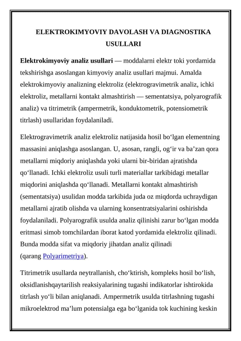 ELEKTROKIMYOVIY DAVOLASH VA DIAGNOSTIKA USULLARI 1