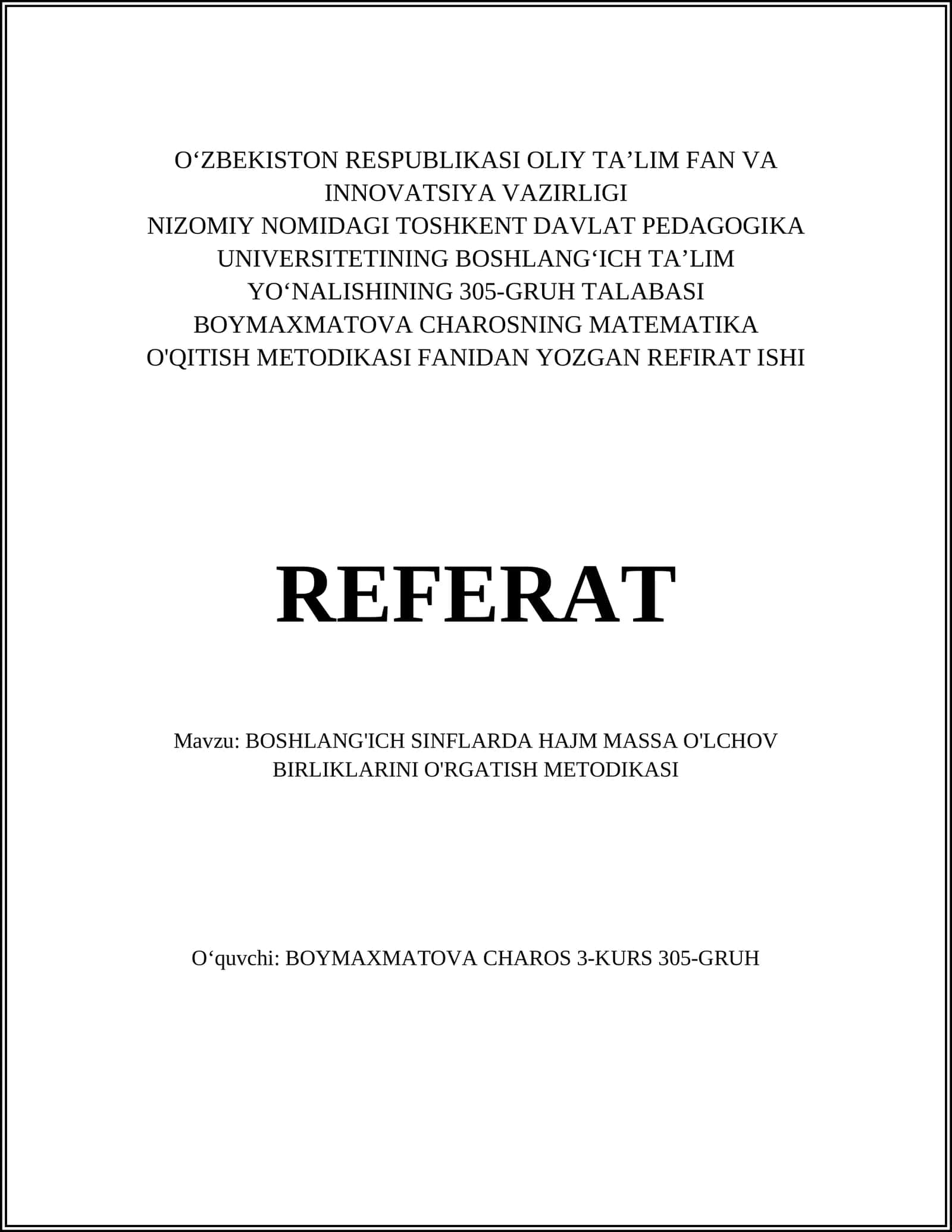 BOSHLANG'ICH SINFLARDA HAJM MASSA O'LCHOV BIRLIKLARINI O'RGATISH METODIKASI 1