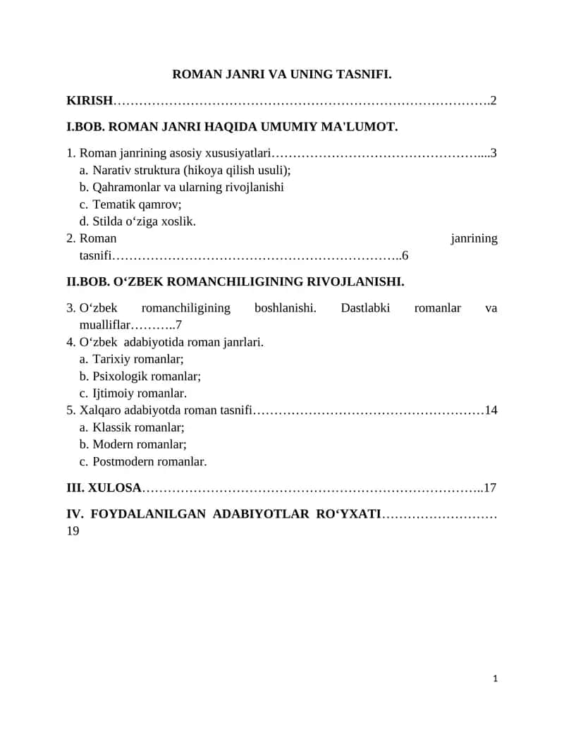 ROMAN JANRI VA UNING TASNIFI 1