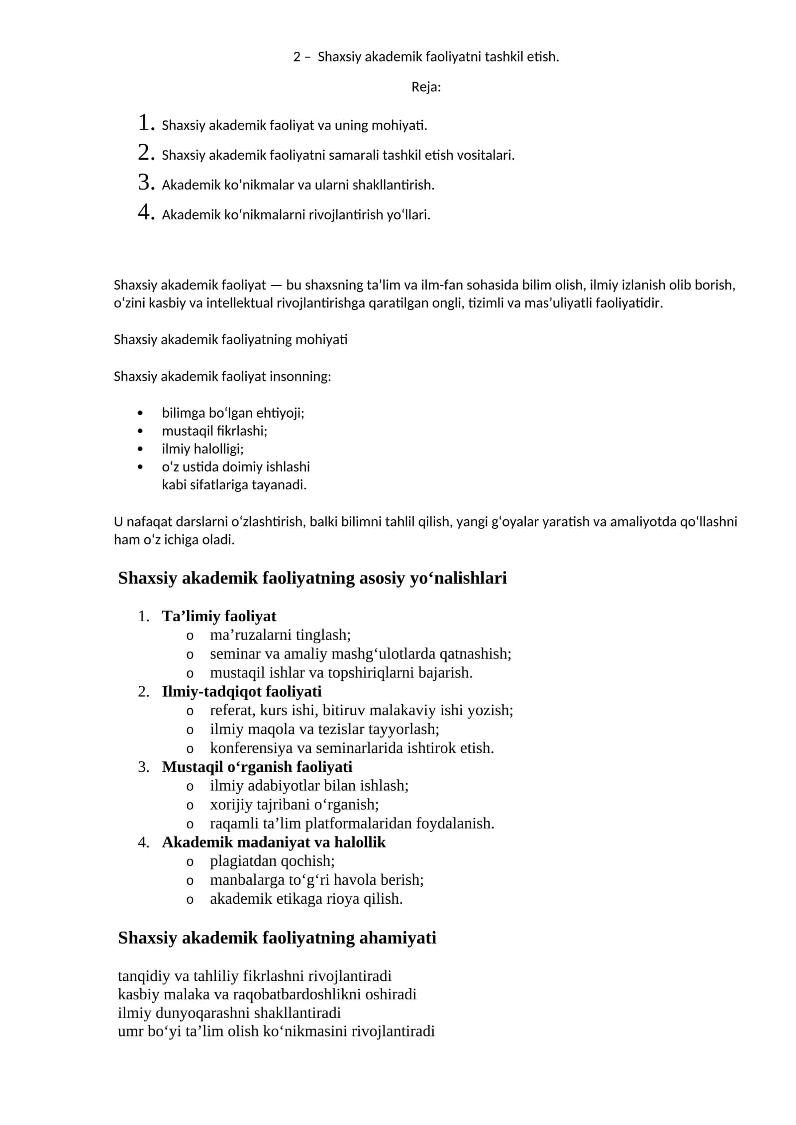 Shaxsiy akademik faoliyatni tashkil etish 1
