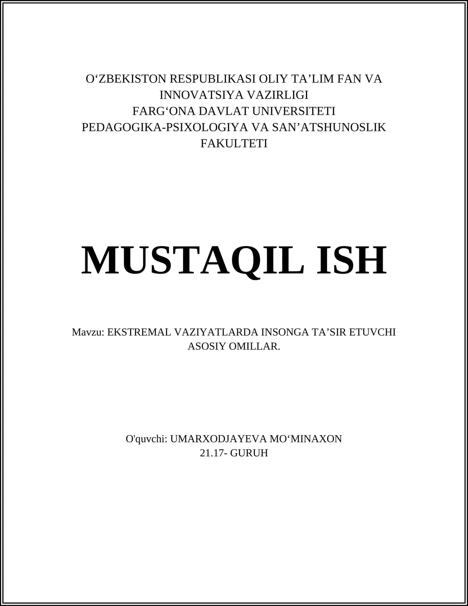 EKSTREMAL VAZIYATLARDA INSONGA TA’SIR ETUVCHI ASOSIY OMILLAR 1