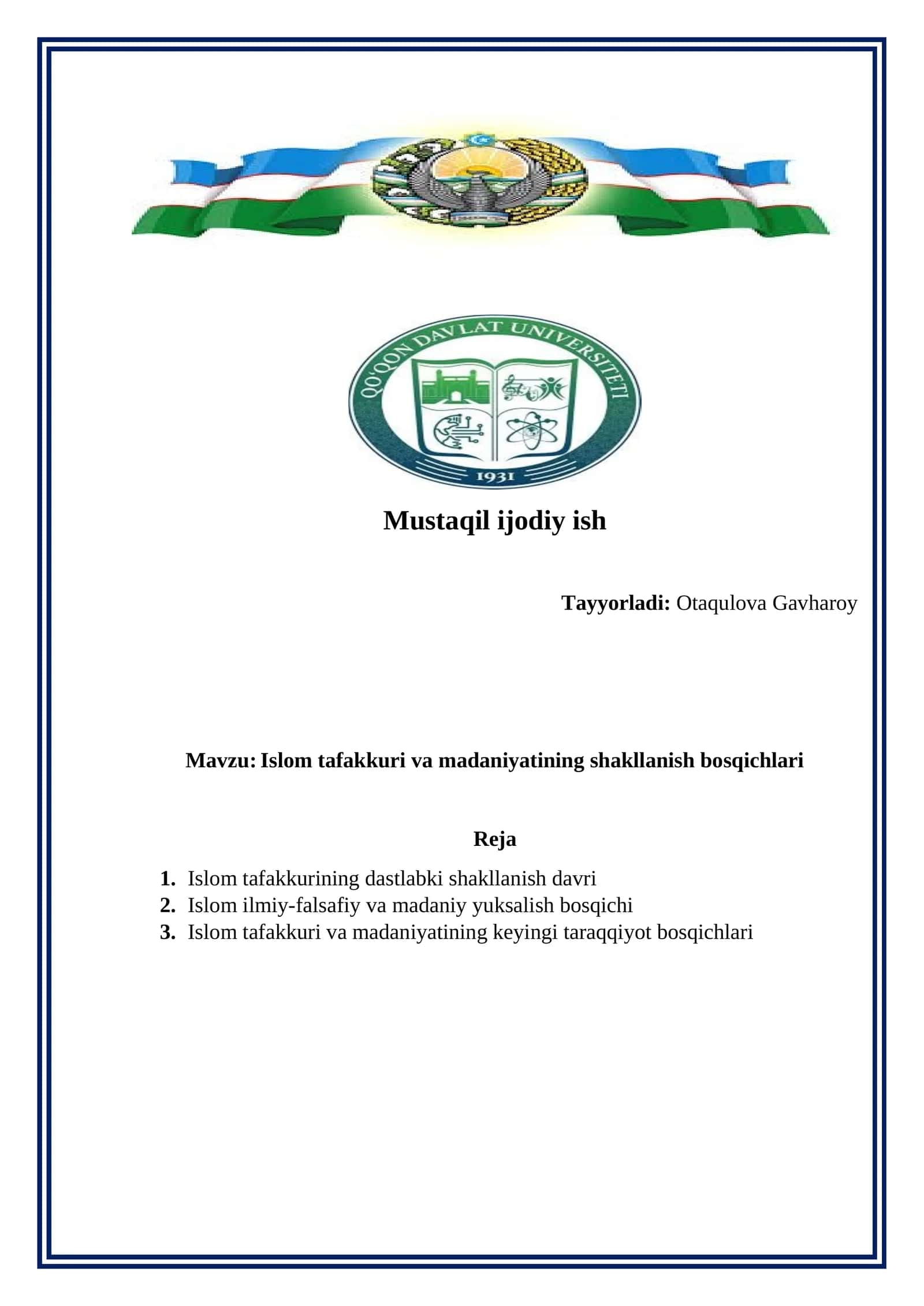 Islom tafakkuri va madaniyatining shakllanish bosqichlari 1