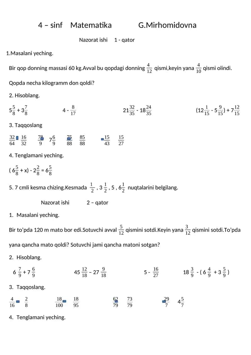 4 – sinf Matematika Nazorat ishi 1