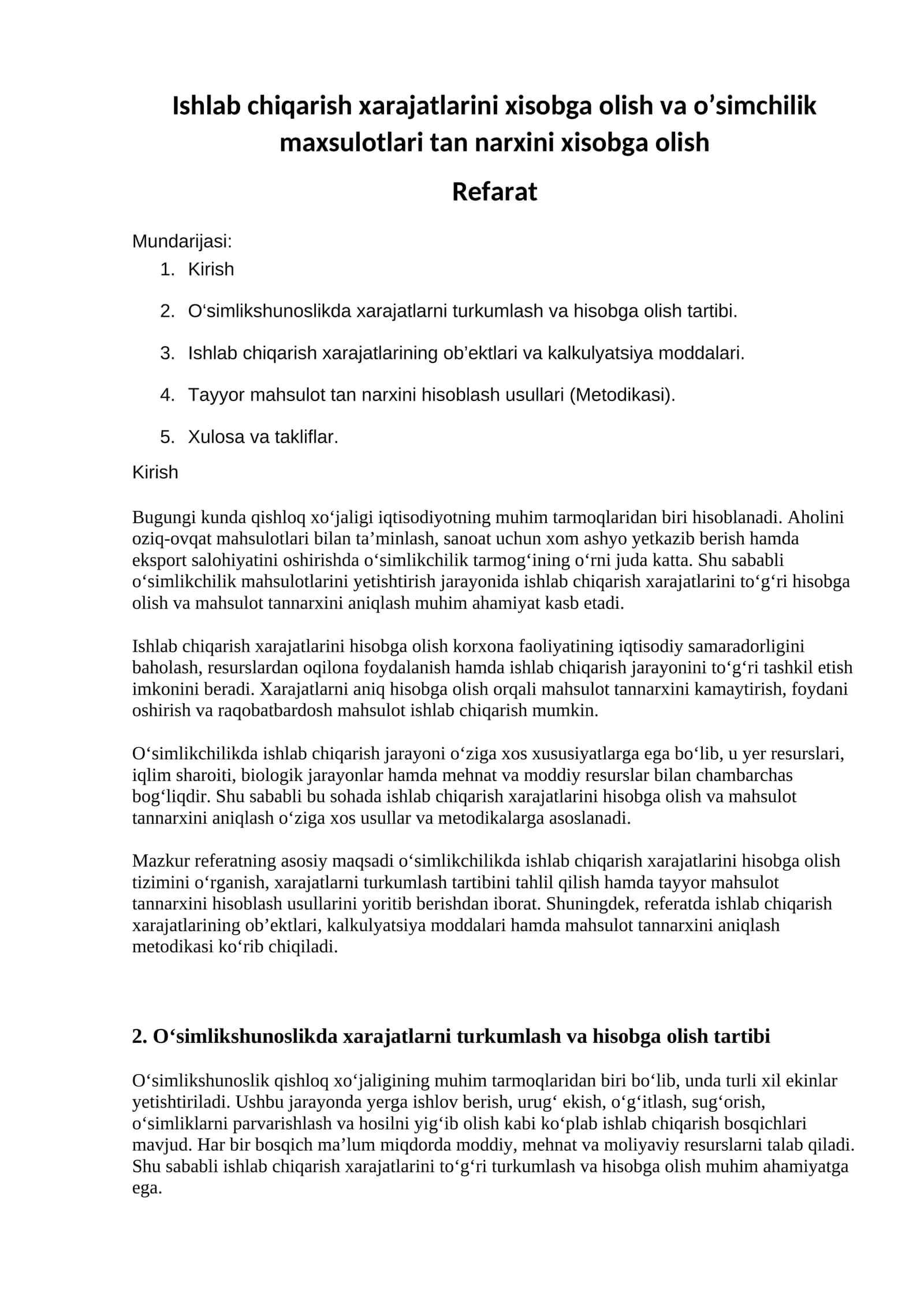 Ishlab chiqarish xarajatlarini xisobga olish va o’simchilik maxsulotlari tan narxini xisobga olish 1