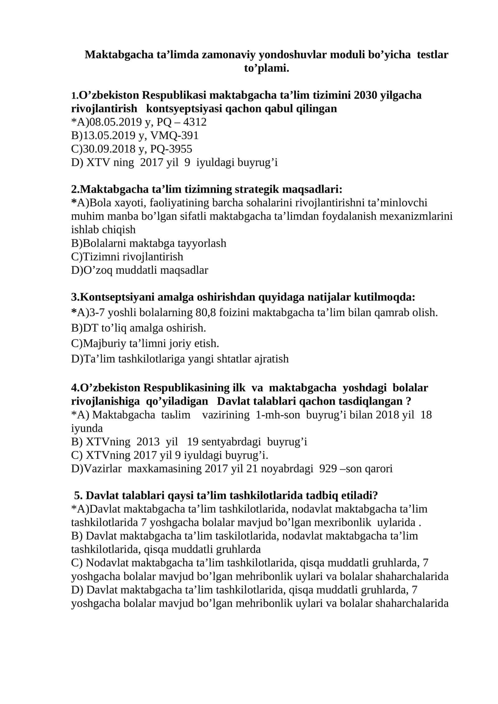 Maktabgacha ta’limda zamonaviy yondoshuvlar moduli bo’yicha testlar to’plami 1