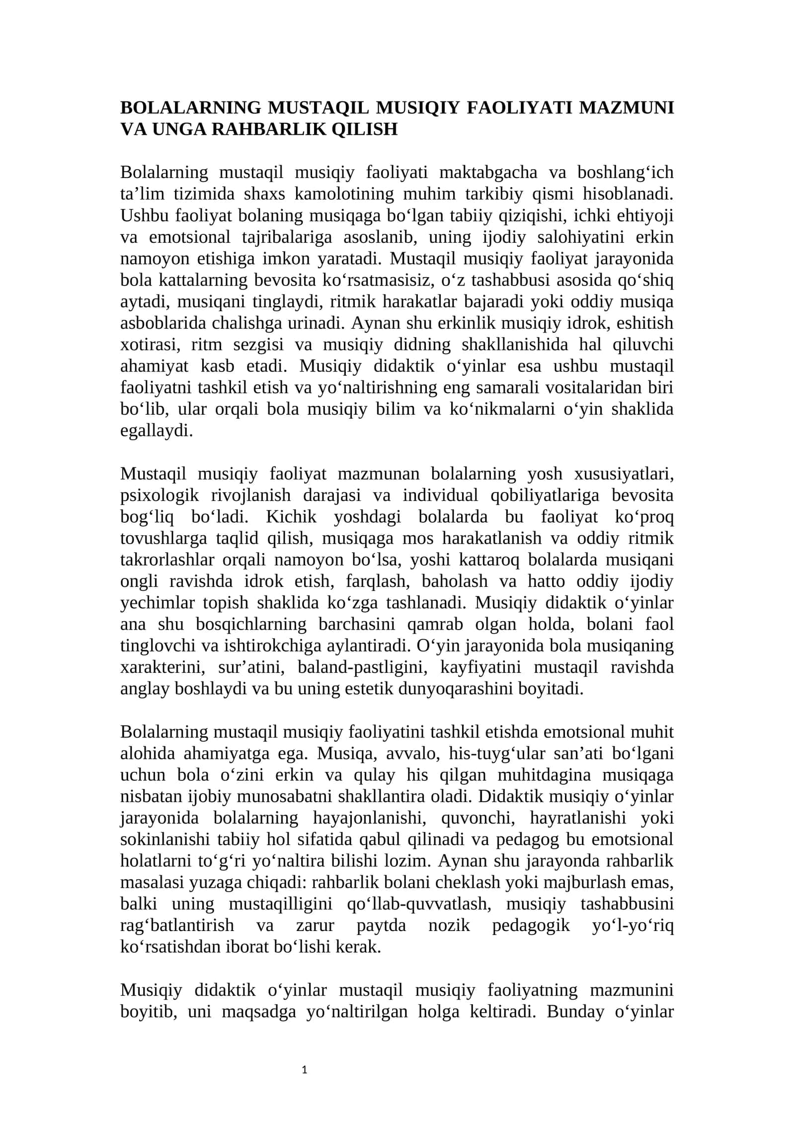 BOLALARNING MUSTAQIL MUSIQIY FAOLIYATI MAZMUNI VA UNGA RAHBARLIK QILISH 1