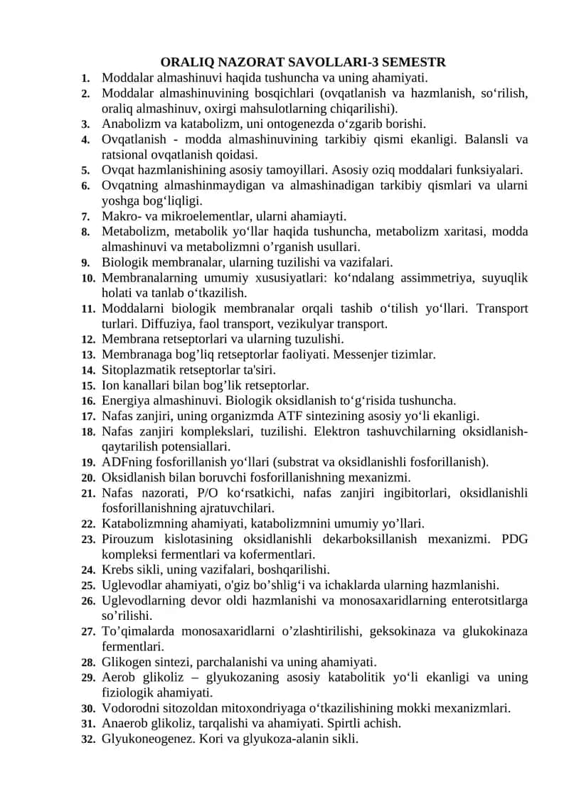 ORALIQ NAZORAT SAVOLLARI-3 SEMESTR 1