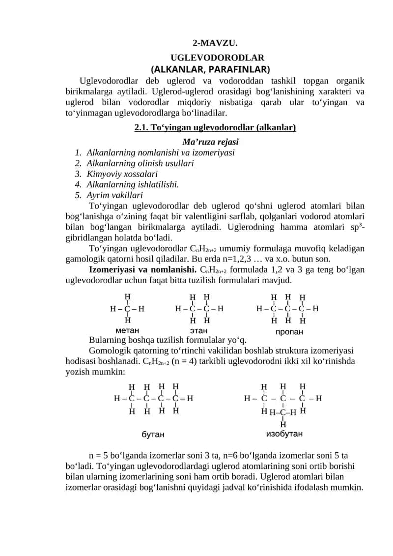 UGLEVODORODLAR (ALKANLAR, PARAFINLAR) 1