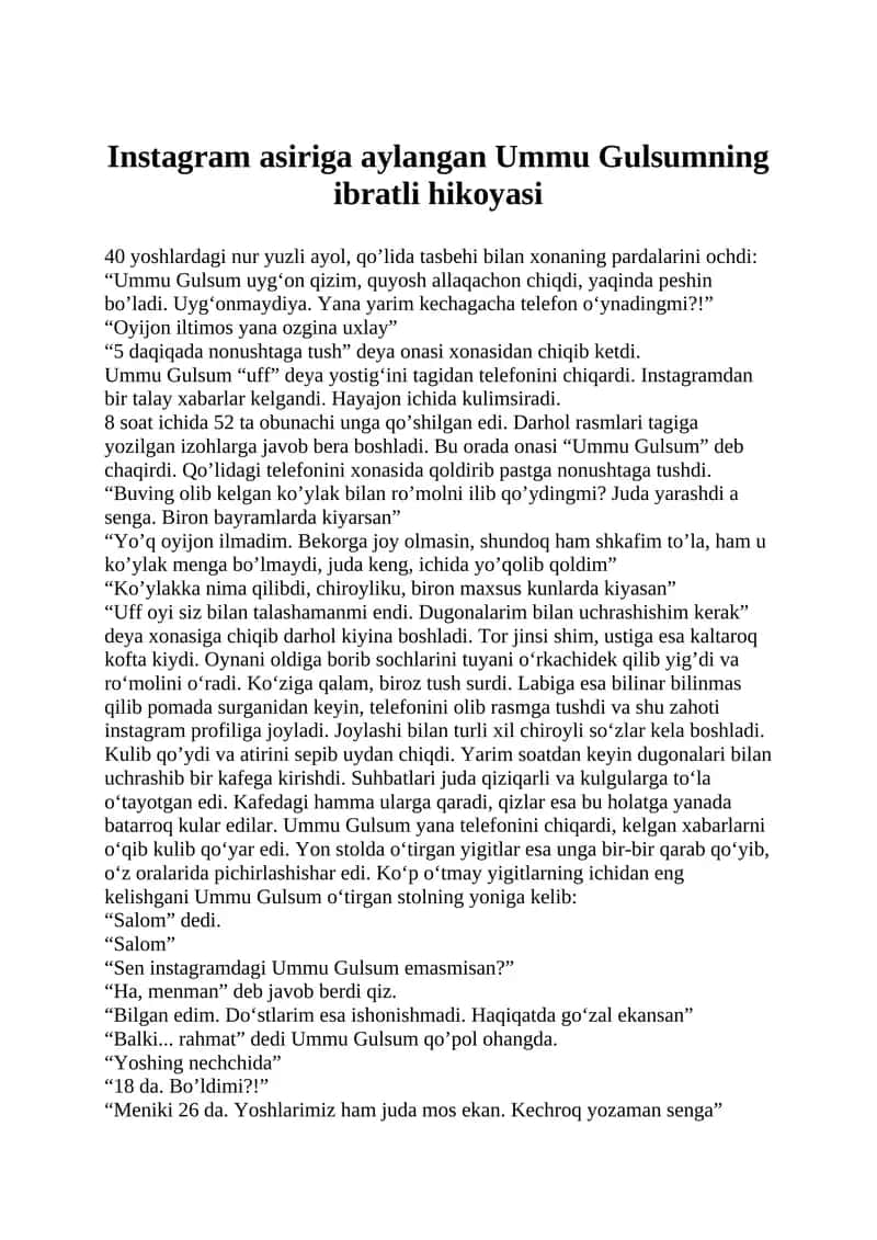 Instagram asiriga aylangan Ummu Gulsumning ibratli hikoyasi 1