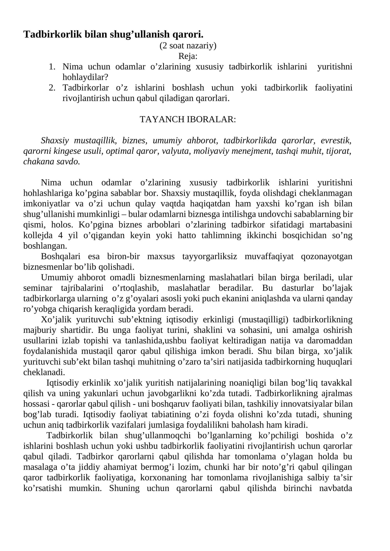 Tadbirkоrlik bilan shug’ullanish qarоri 1