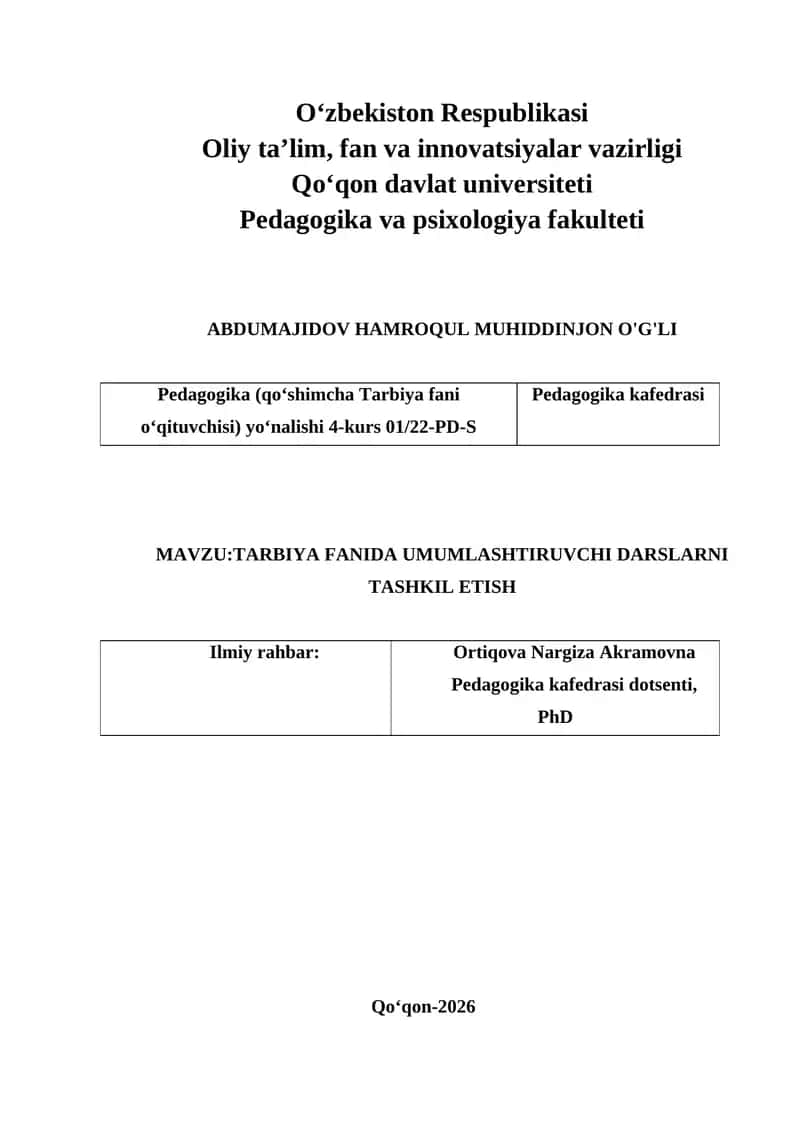 TARBIYA FANIDA UMUMLASHTIRUVCHI DARSLARNI TASHKIL ETISH 1