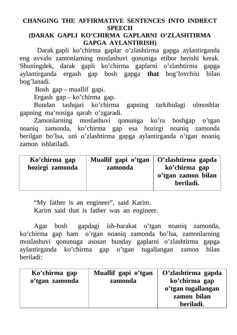 Darak gapli  ko’chirma  gaplar  o’zlashtirma  gapga  aylantirish 1