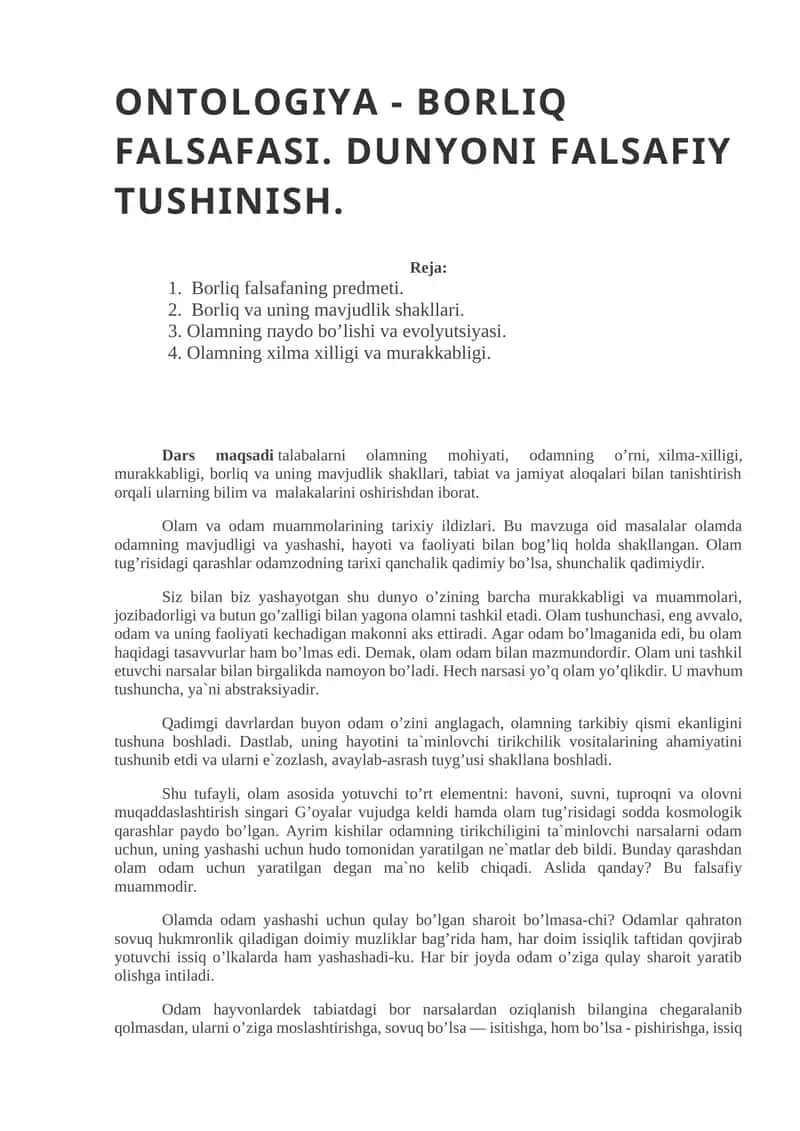 ONTOLOGIYA - BORLIQ FALSAFASI. DUNYONI FALSAFIY TUSHINISH 1